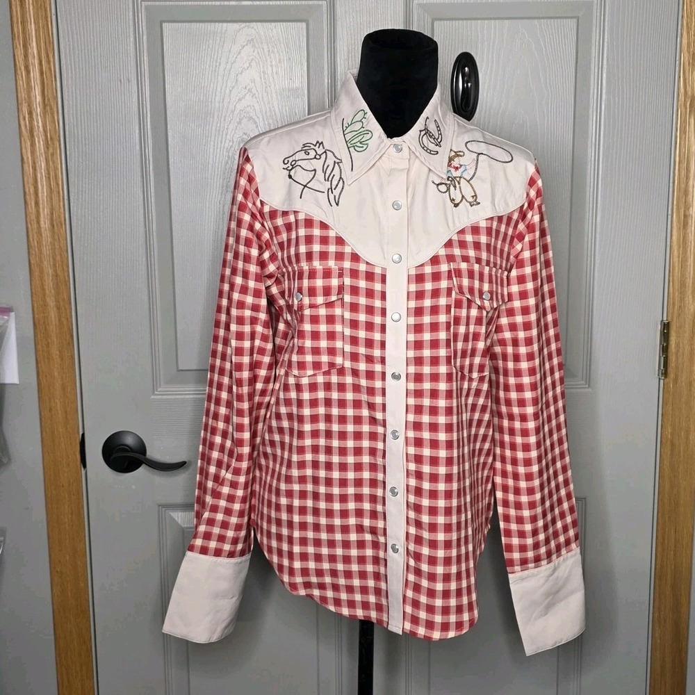 Vintage Stlye Western Pearl Snap Embroidery Cowboy Red Gingham Honkey-tonk Sz Sm